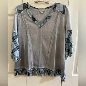 POL Gray and Blue Plaid V-Neck Top